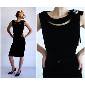Vintage 50's Black Sleeveless Velvet Wiggle Dress w/ Peekaboo Neckline | XS/S